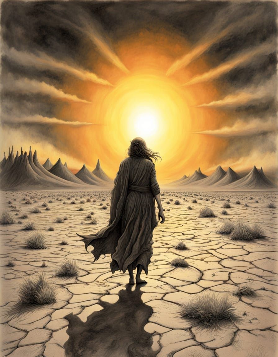 Surreal Wanderer in Post-Apocalyptic Landscape