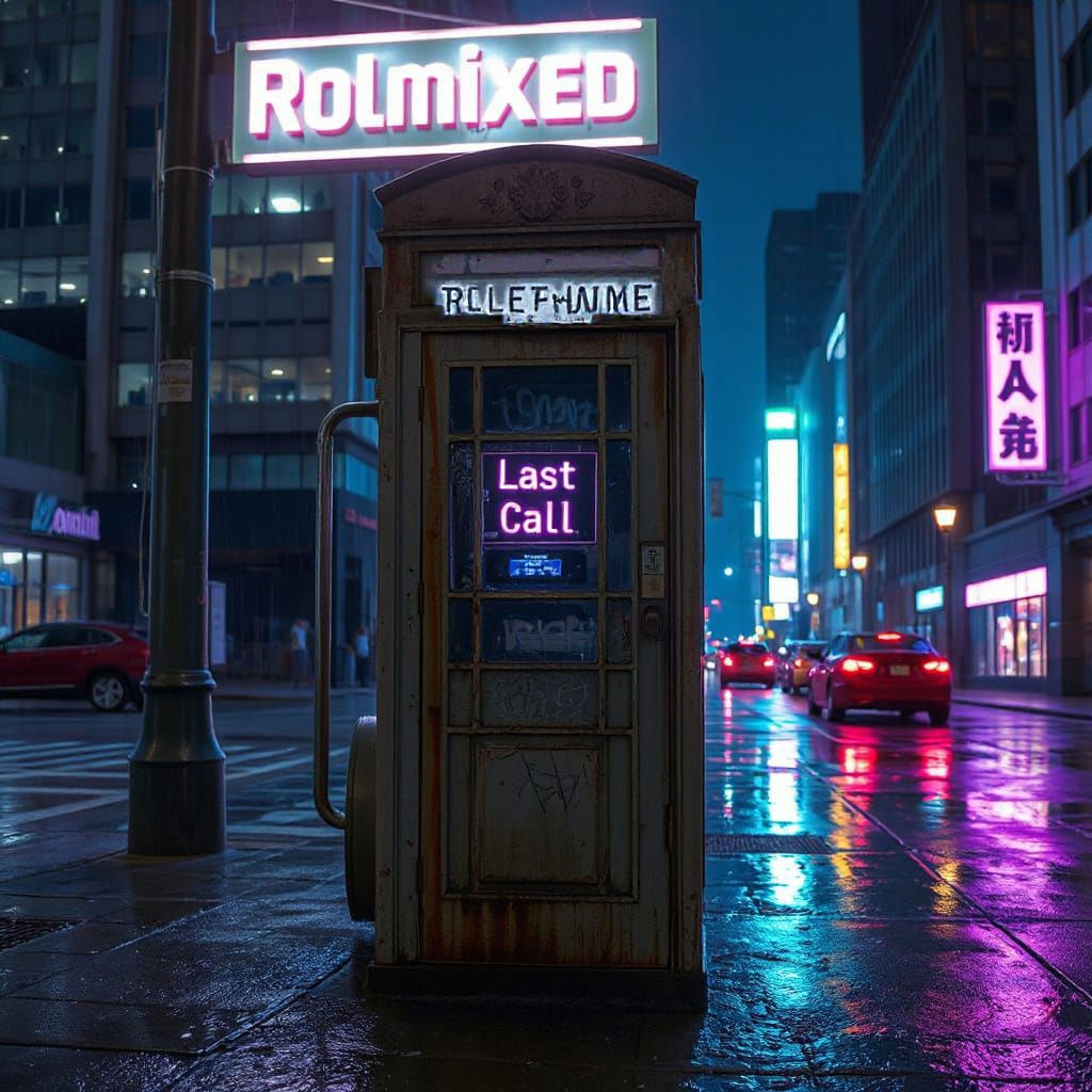 1980s-Style Telephone Booth Under Neon City Skyline