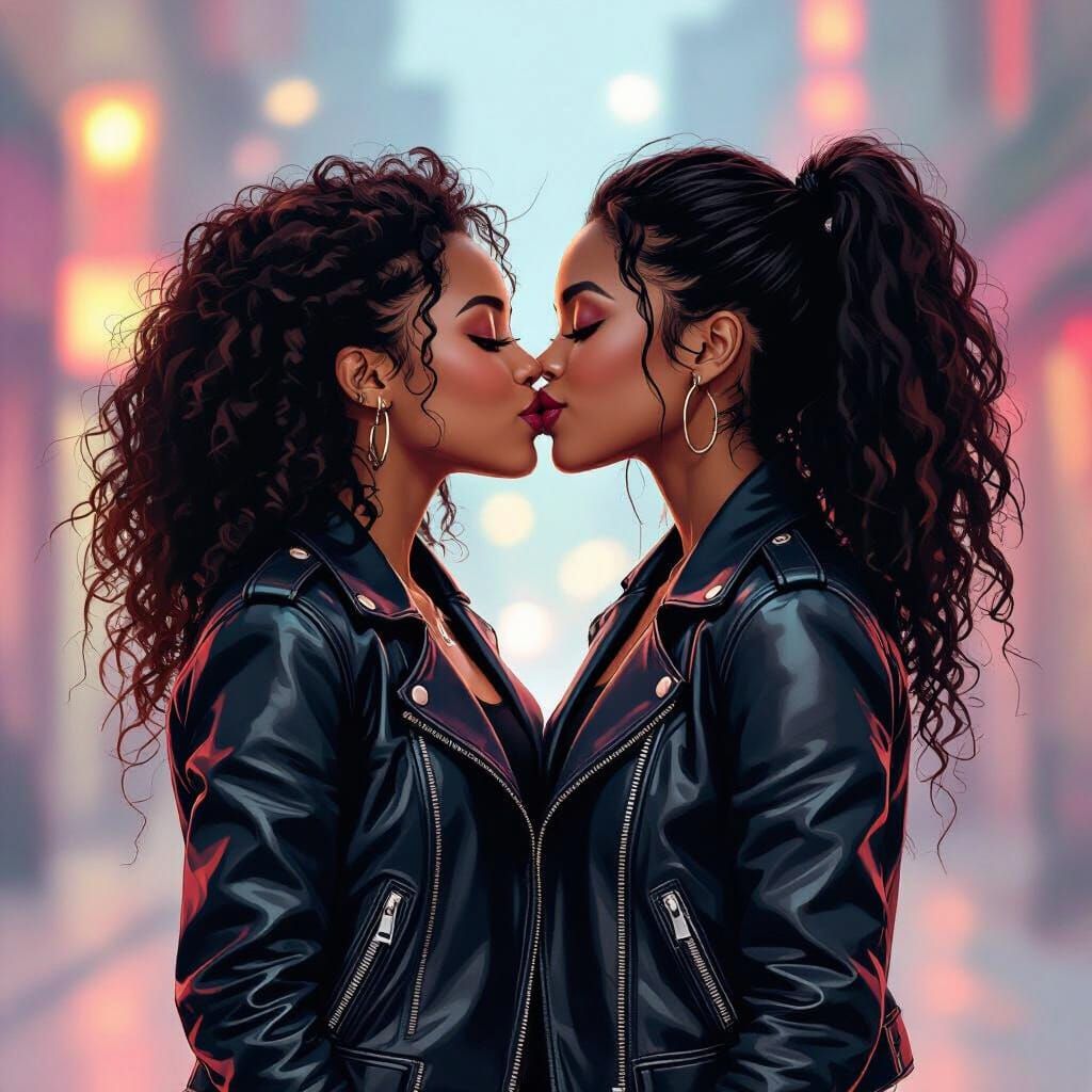 Two Black Teen Girls Kissing in Leather Outfits
