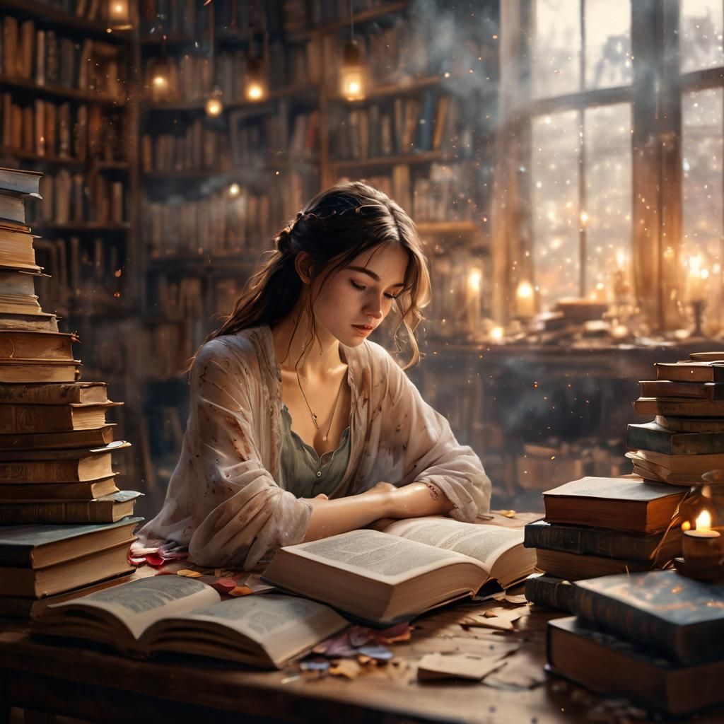 Watercolor Woman Surrounded by Books in Soft Light