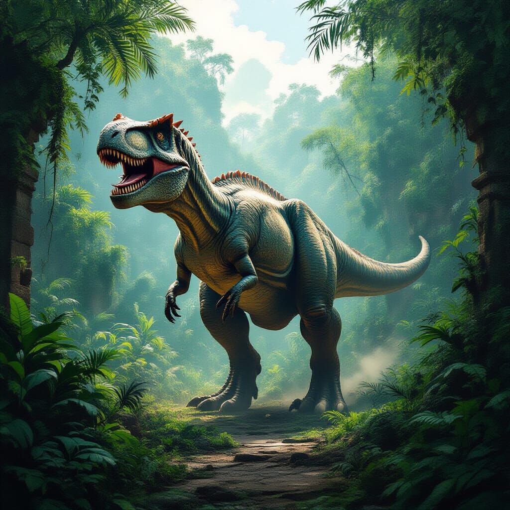 Dinosaur Roaming Mexican Jungle in Painterly Style
