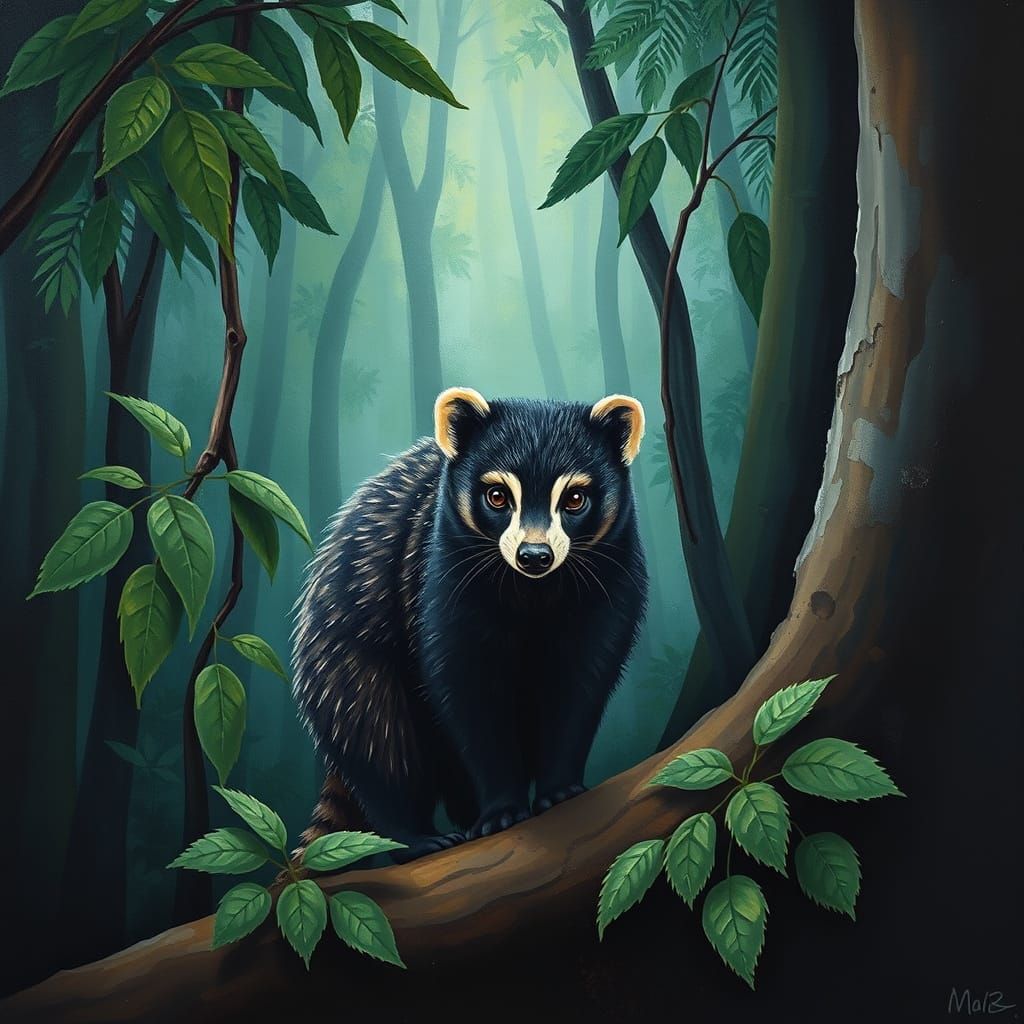 White-Nosed Coati in Forest, Coal Painting Style