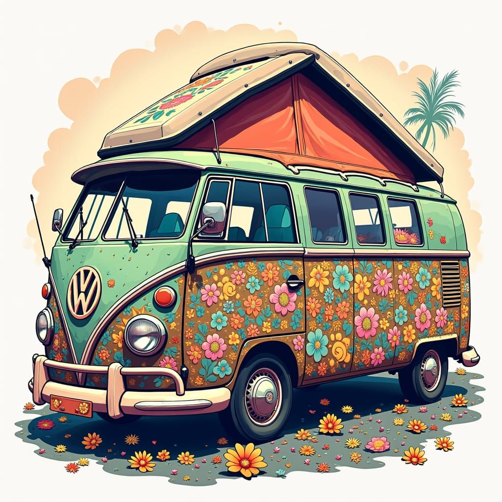 Turquoise VW Campervan in 60s Psychedelic Style