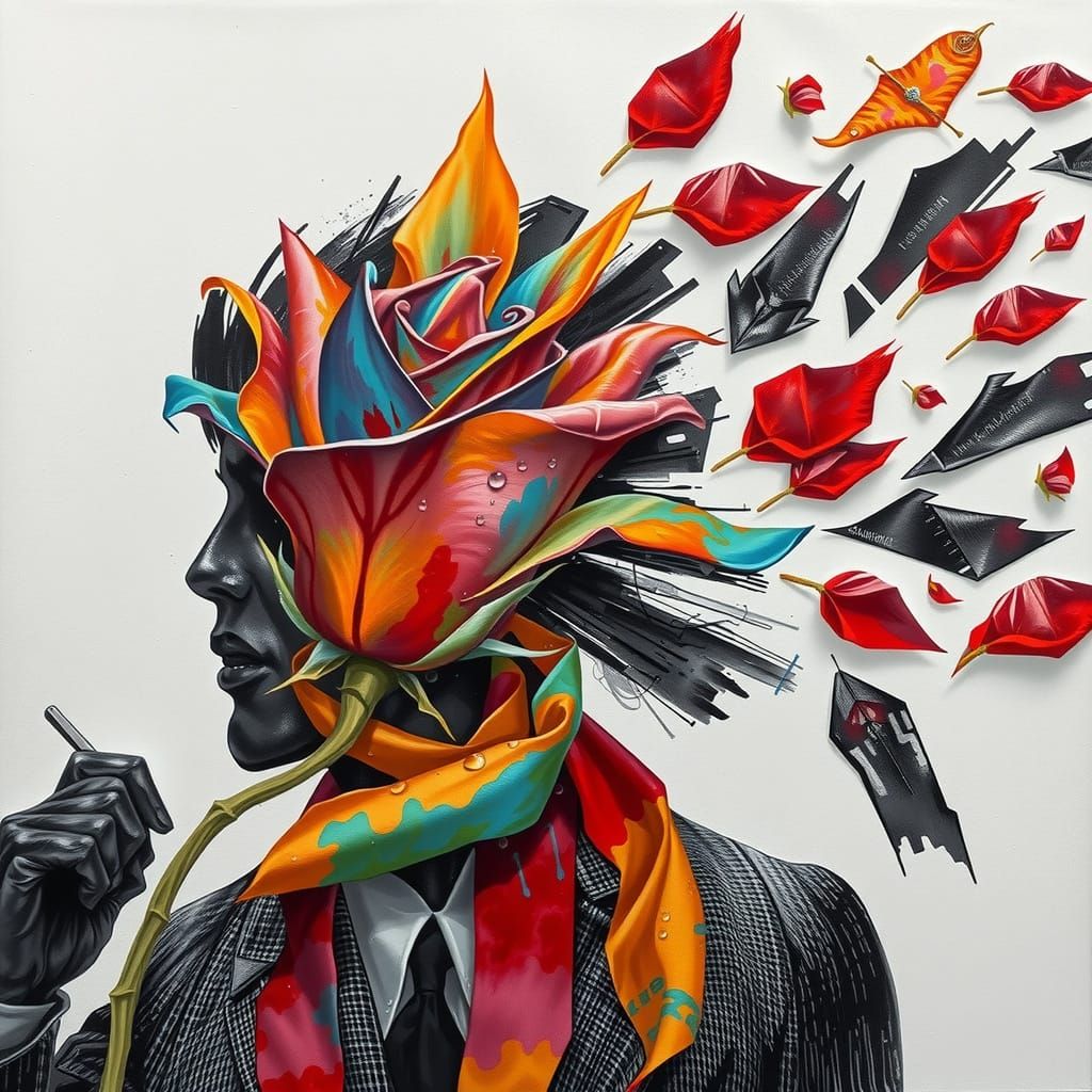 Vibrant Red Rose Against Chaotic Grayscale Symbolizing Ident...