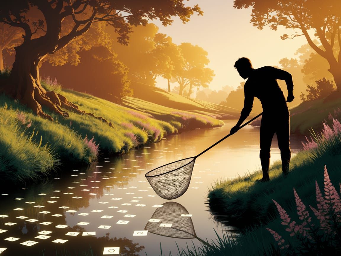 Man Collects Luminous Letters from Forest Stream