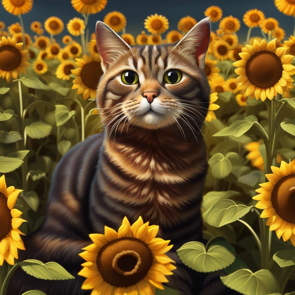 Smiling Cat in Sunflower Field: Photorealistic 8K