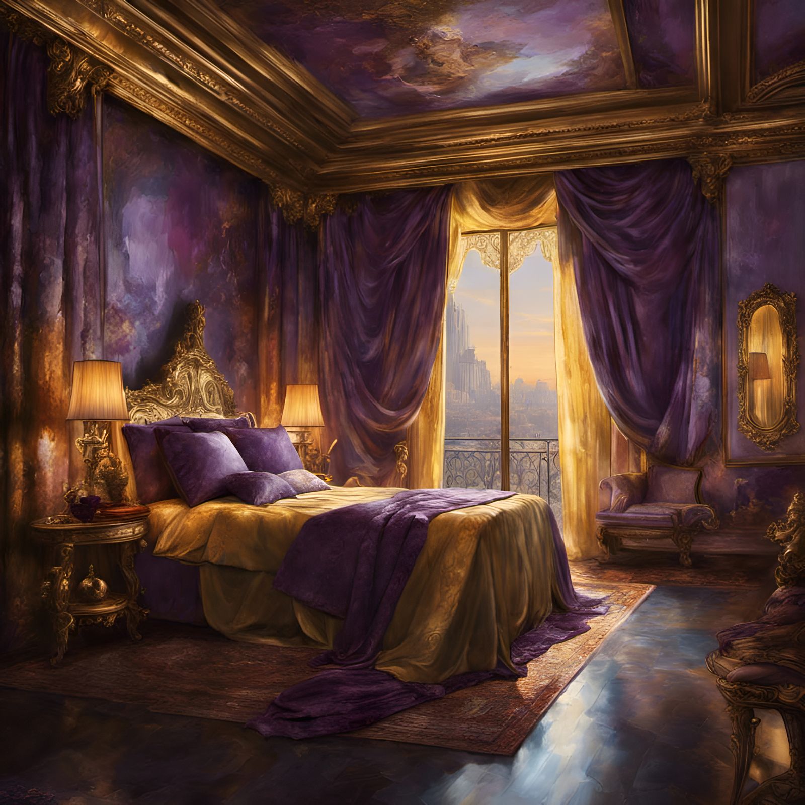 Opulent Bedroom with Gold Curtains as Digital Painting