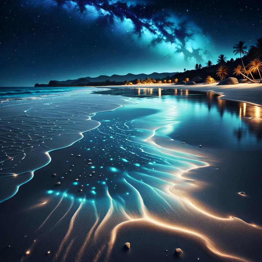 Bioluminescent Beach Under Dazzling Stars