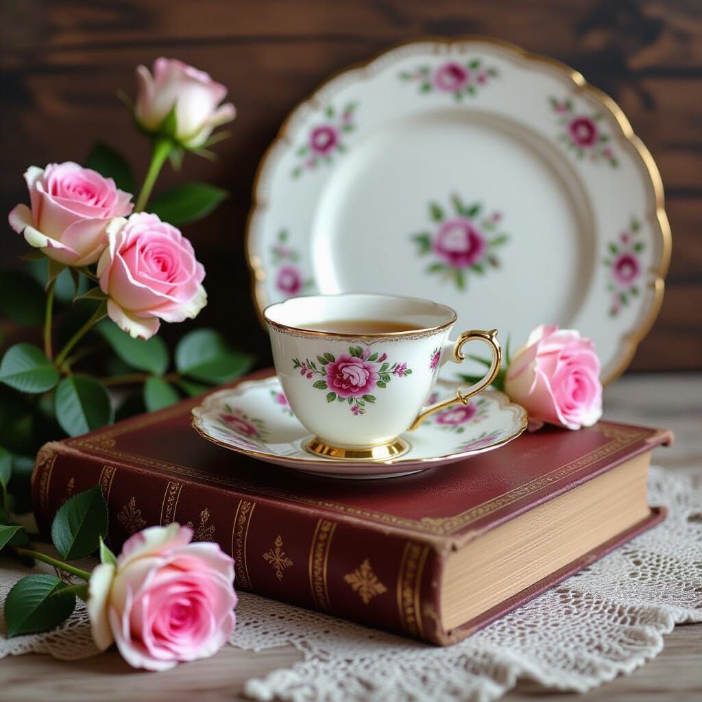 Floral Still Life with Antique Book and Rose