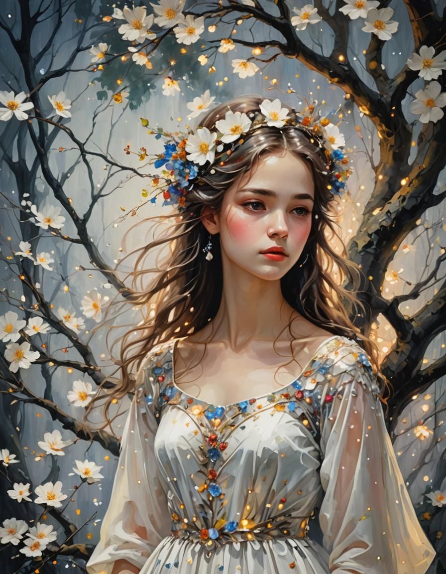 Ethereal Woman in Dreamlike Garden, Fairytale Art