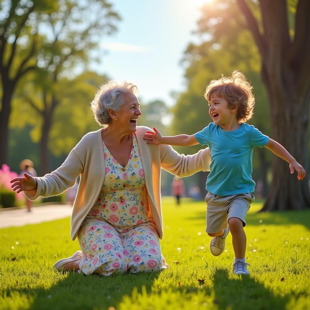 Grandmother's Joyful Embrace in Sunlit Park