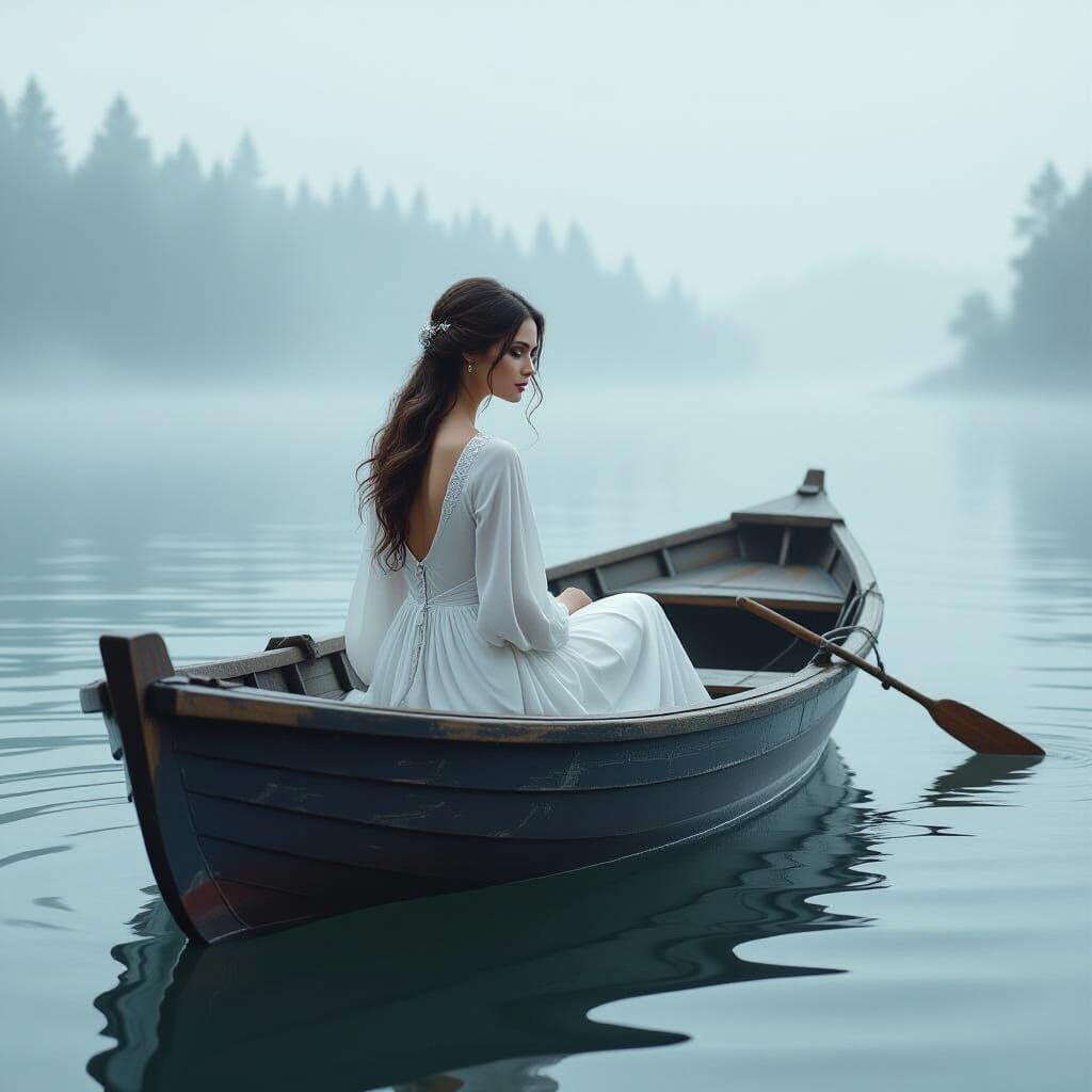 Ethereal Woman on Floating Boat in Dreamy Landscape