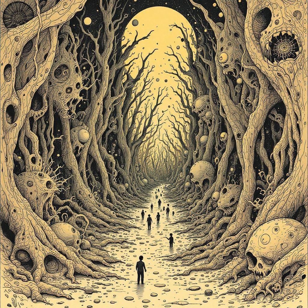 Whimsical Sepia Illustration in Chaotic Style