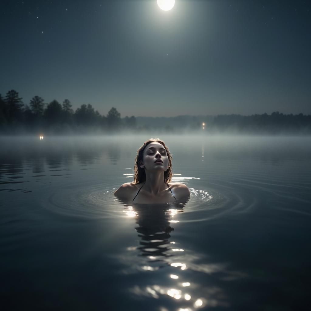 Moonlit Lake Swim in Cinematic Hyperrealism