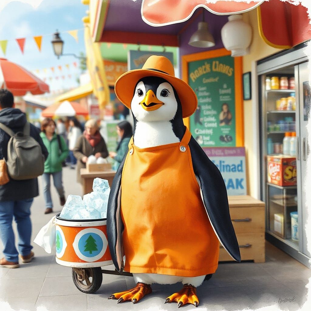 Penguin Vendor in Market, Watercolor Style