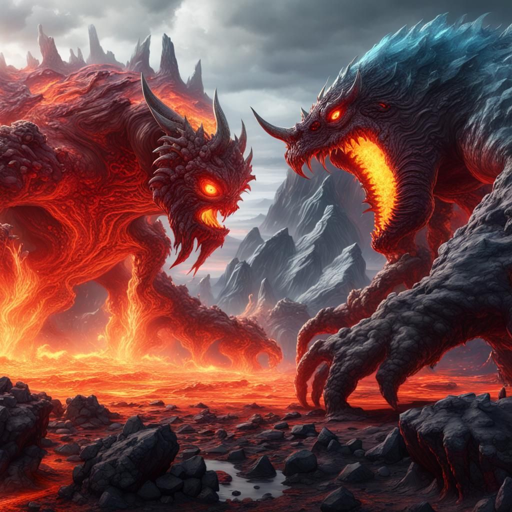 Ice Monster vs Magma Monster: Volcanic Fantasy Art
