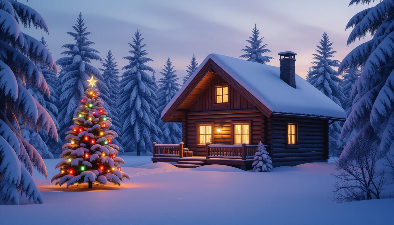 Cozy Winter Cabin With Warm Light Amidst Snowy Pines