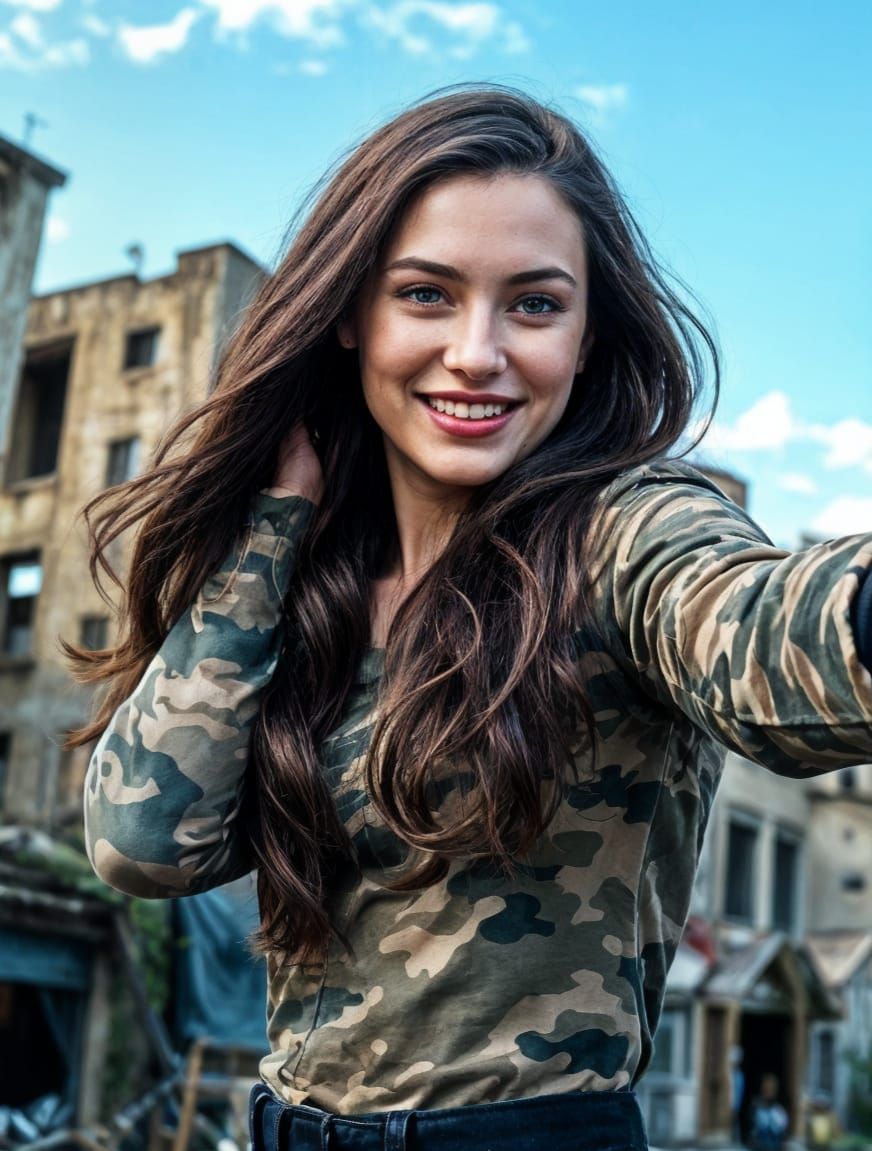 Nordic Female Warrior Takes Selfie in Apocalypse Ruins