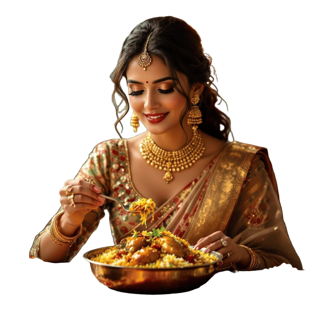 Elegant Lady Savoring Chicken Biryani: Digital Art
