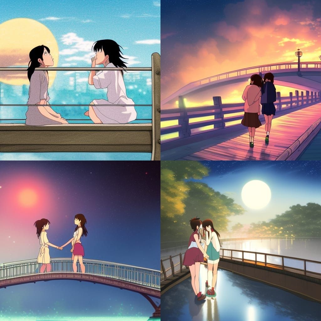 Girls Kissing on Bridge in Ghibli Anime Style