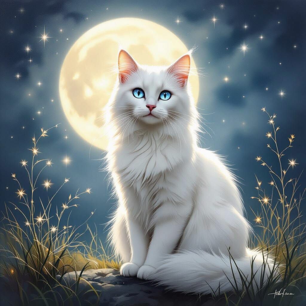 Elegant White Cat with Blue Eyes in Ethereal Moonlight