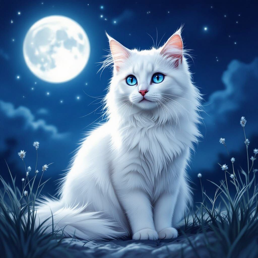 White Cat With Blue Eyes In Moonlight