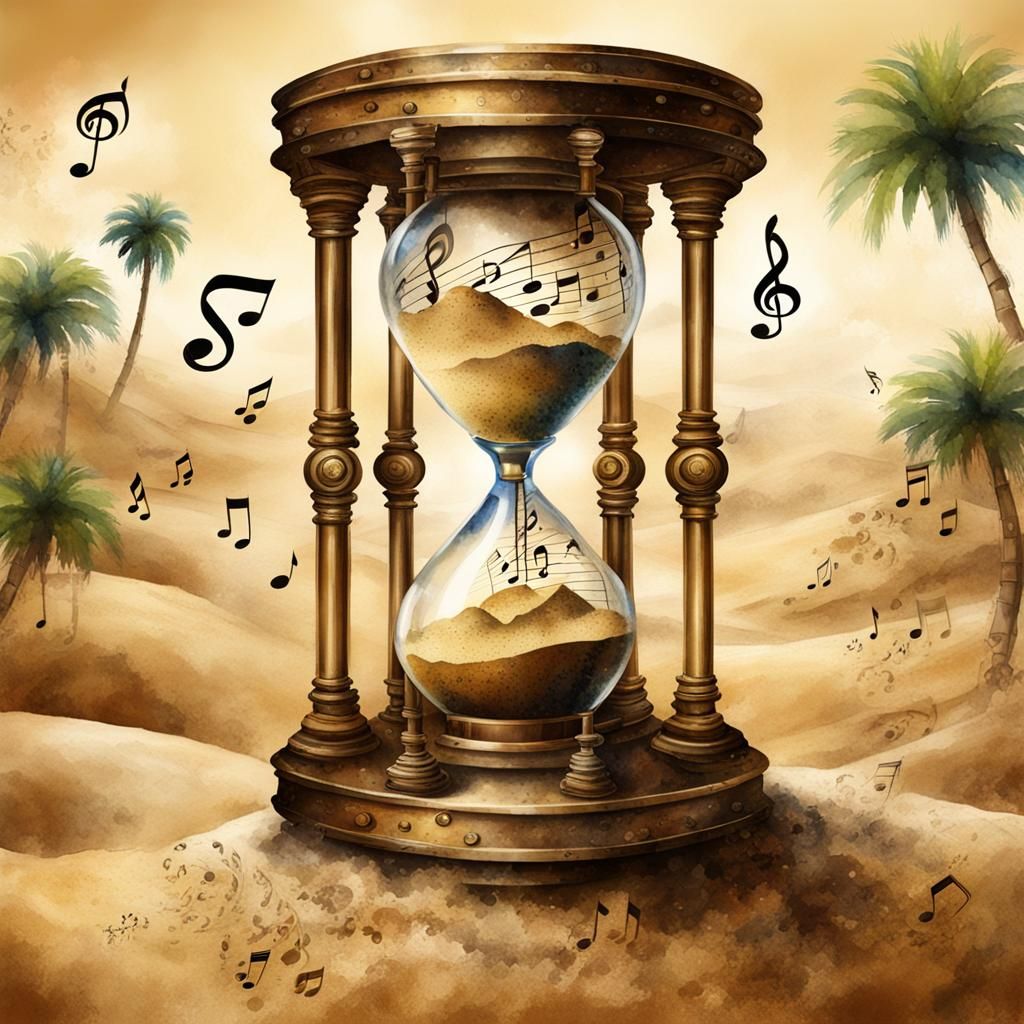 Steampunk Hourglass with Musical Notes in Watercolour