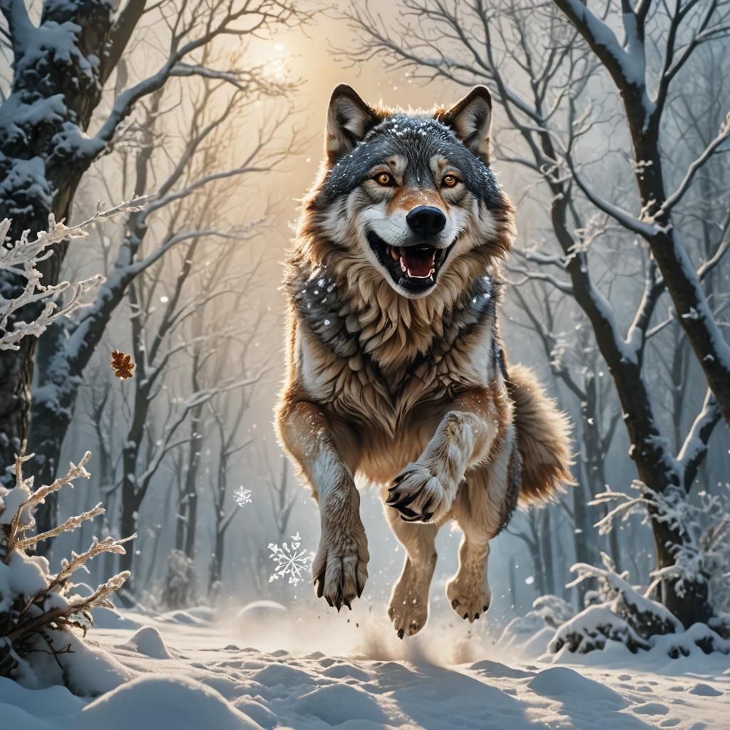Smiling Wolf Leaping Through Snowy Landscape