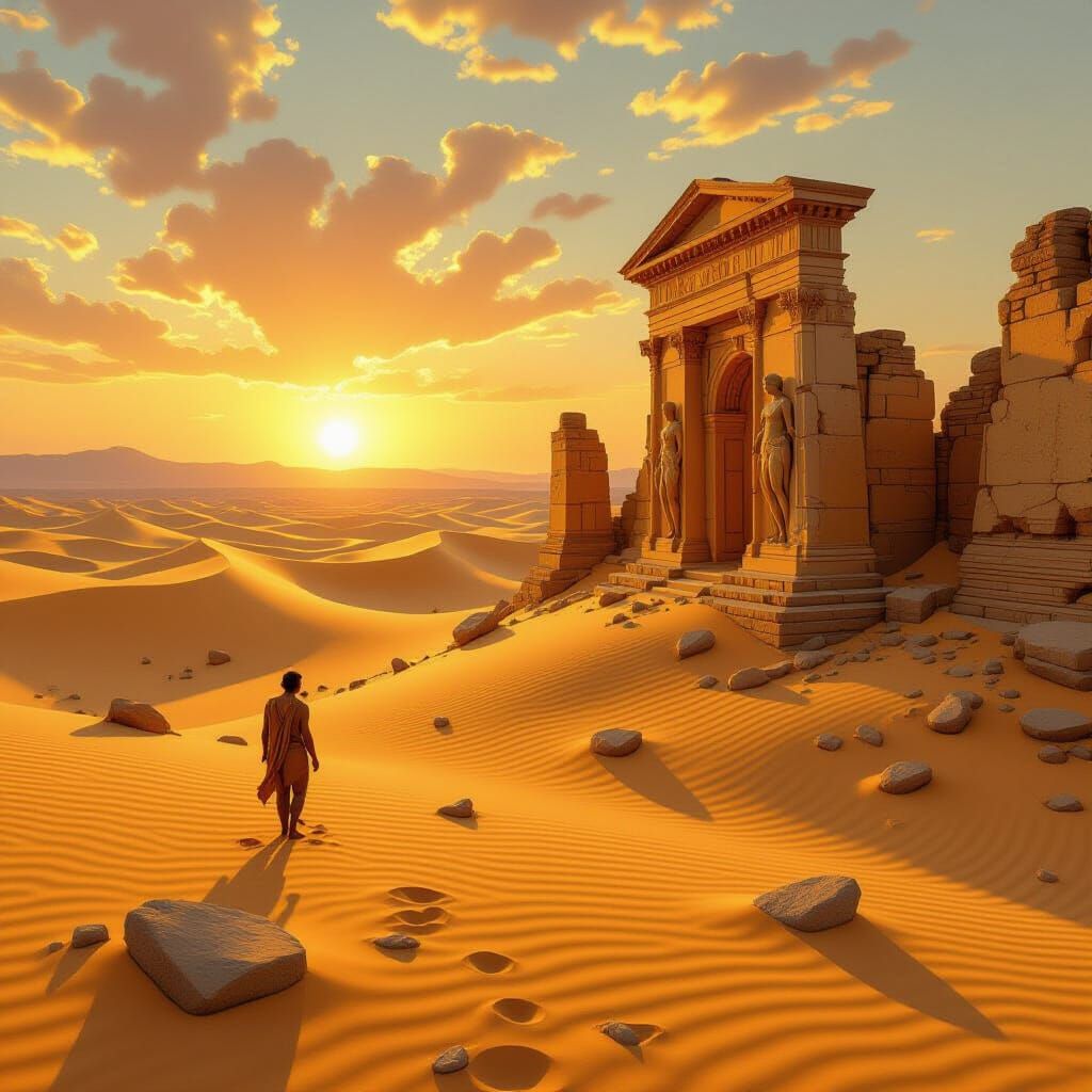 Ancient Desert Ruins Emerge in Golden Hour Light