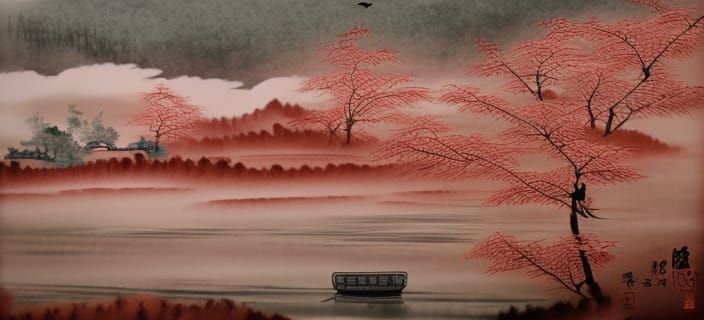 River Scene in Chinese Ink-Wash Painting