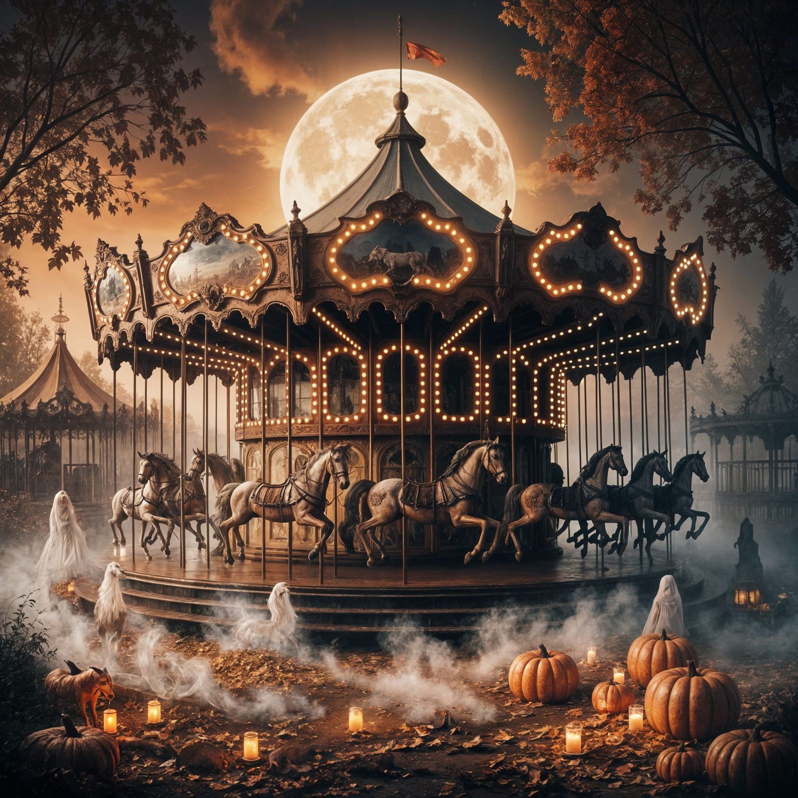 Haunting Moonlit Carousel in Autumn Fairground