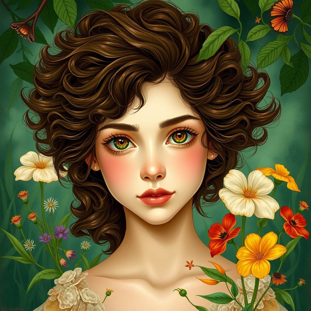 Dreamy Fantasy Portrait of a Young Woman in Whimsical Surrou...