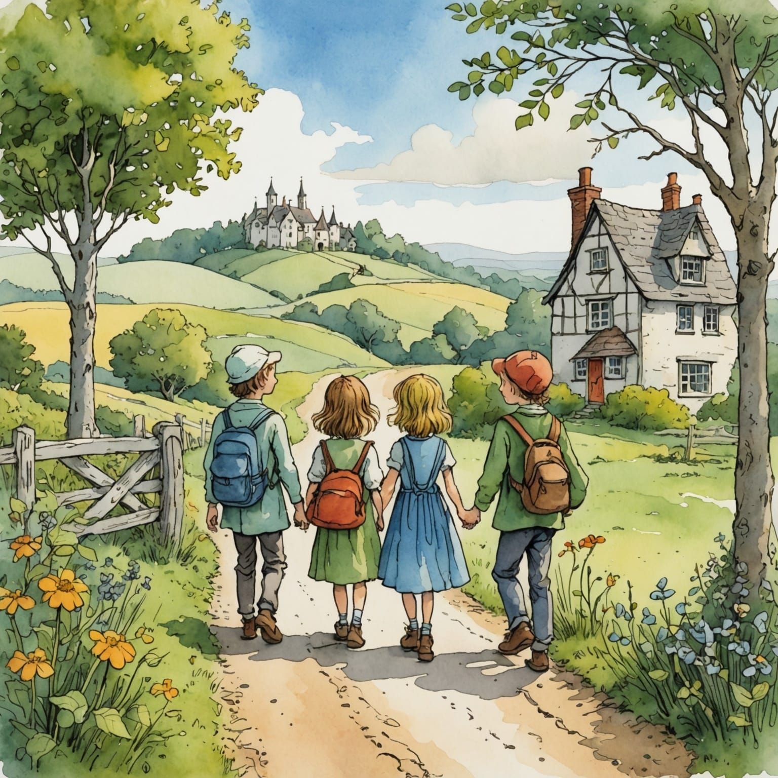 Fairytale Crossroads in Storybook Illustration Style