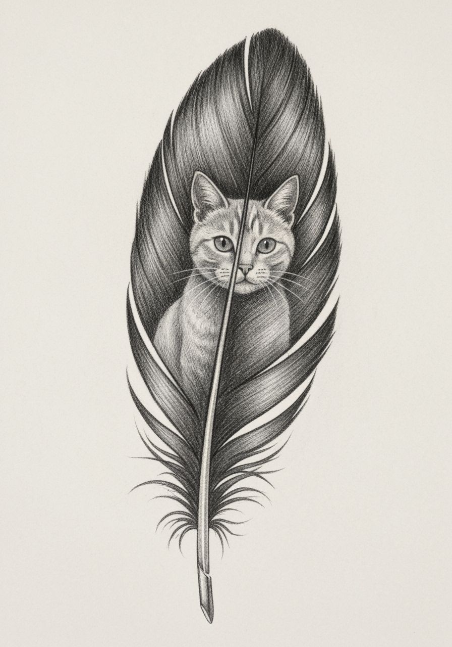 Feather Drawing with Hidden Cat Image