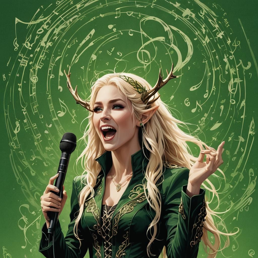 FANGORN magazine cover saying "SONGS OF FANGORN"; silhouette song album cover of blonde elf girl screaming holding micro...