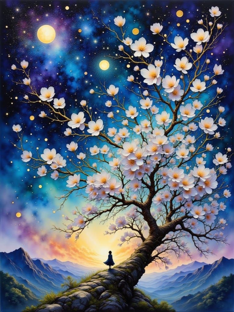 Ethereal Cherry Blossoms Under a Cosmic Sky