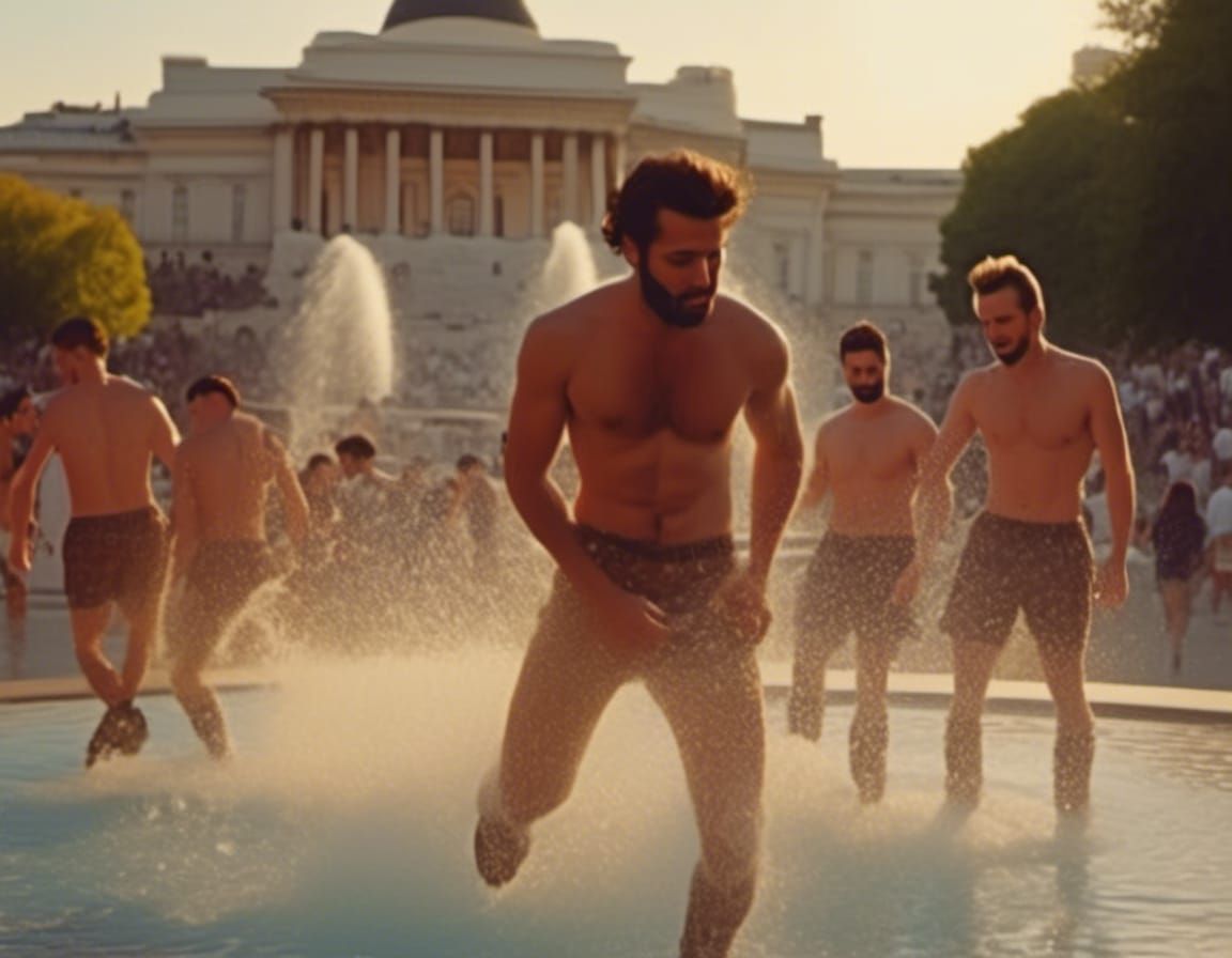 Shirtless Men in Trafalgar Square Fountain at Dusk