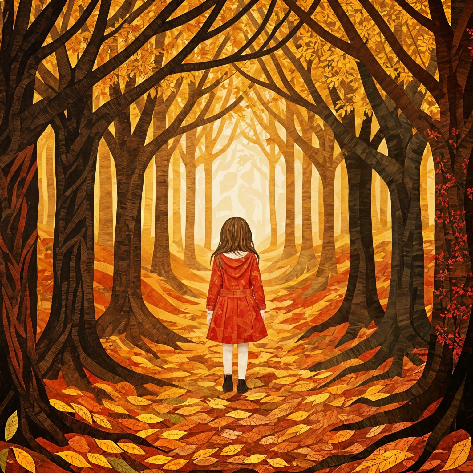 Autumn Girl in Woods: A Paper Collage