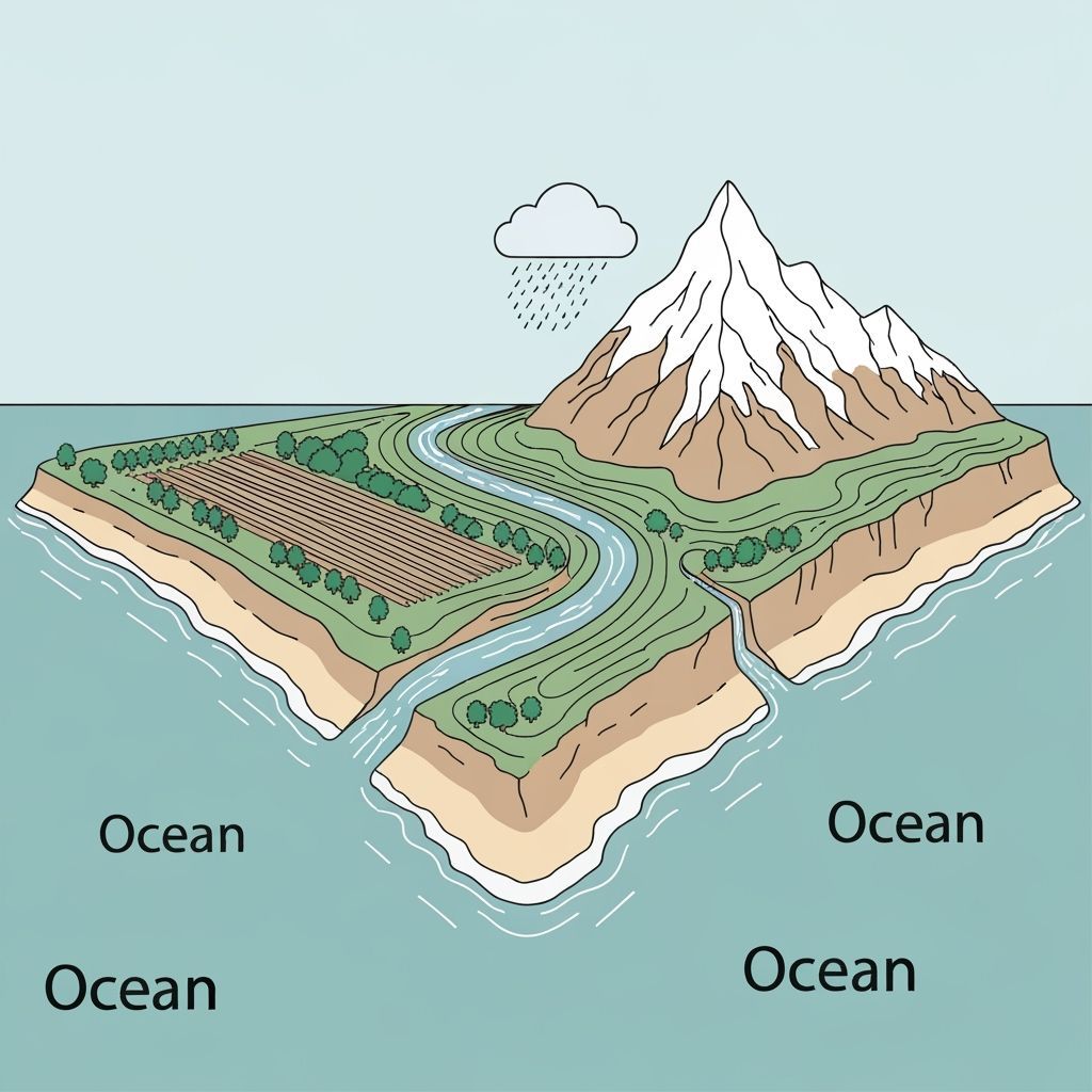 Topographical Illustration of River, Mountains, and Farmland