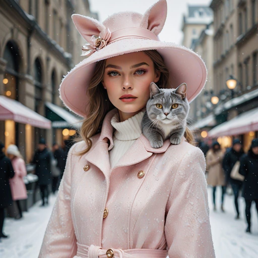 Chic Gray Cat Struts Down Frosty Catwalk in High-Fashion Ele...
