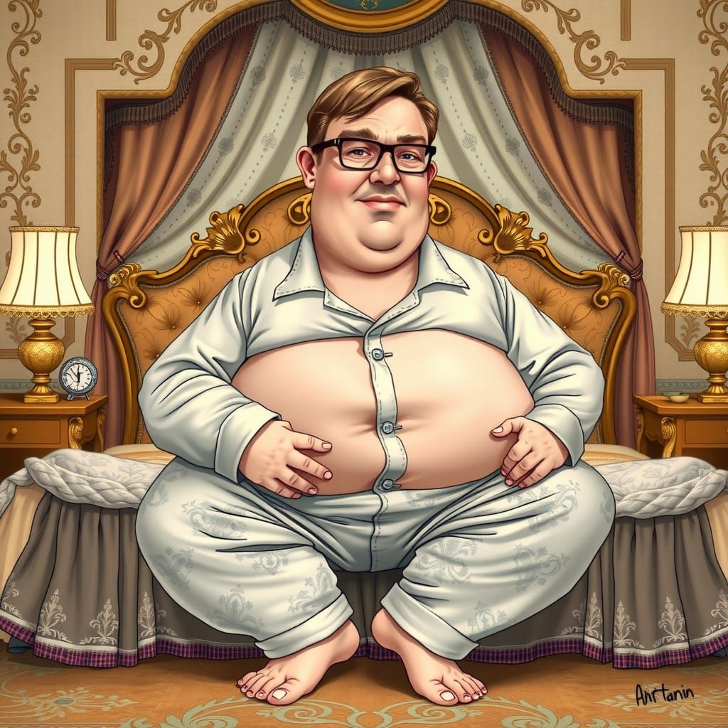 Humorous Caricature of Male in Ornate Bedroom