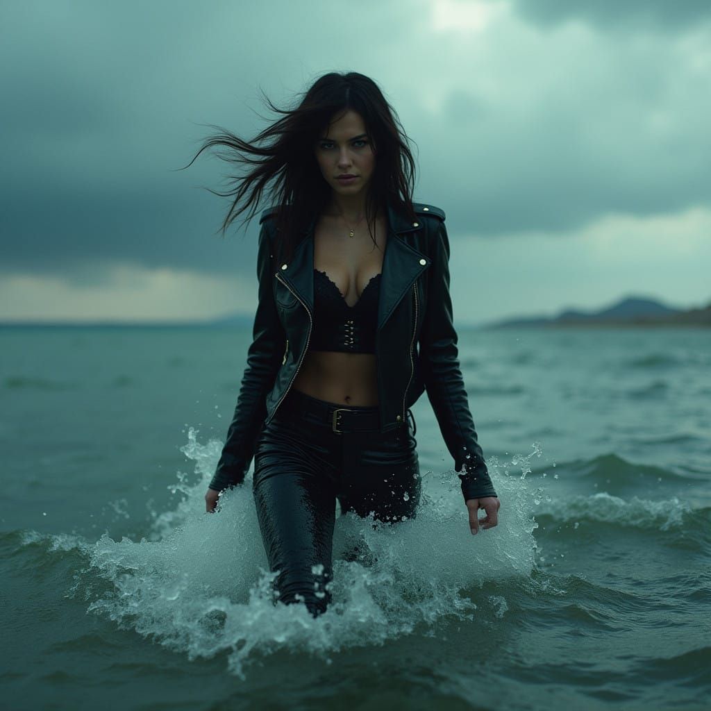 Elegant Woman Emerges from Stormy Dead Sea Waters in Gritty....