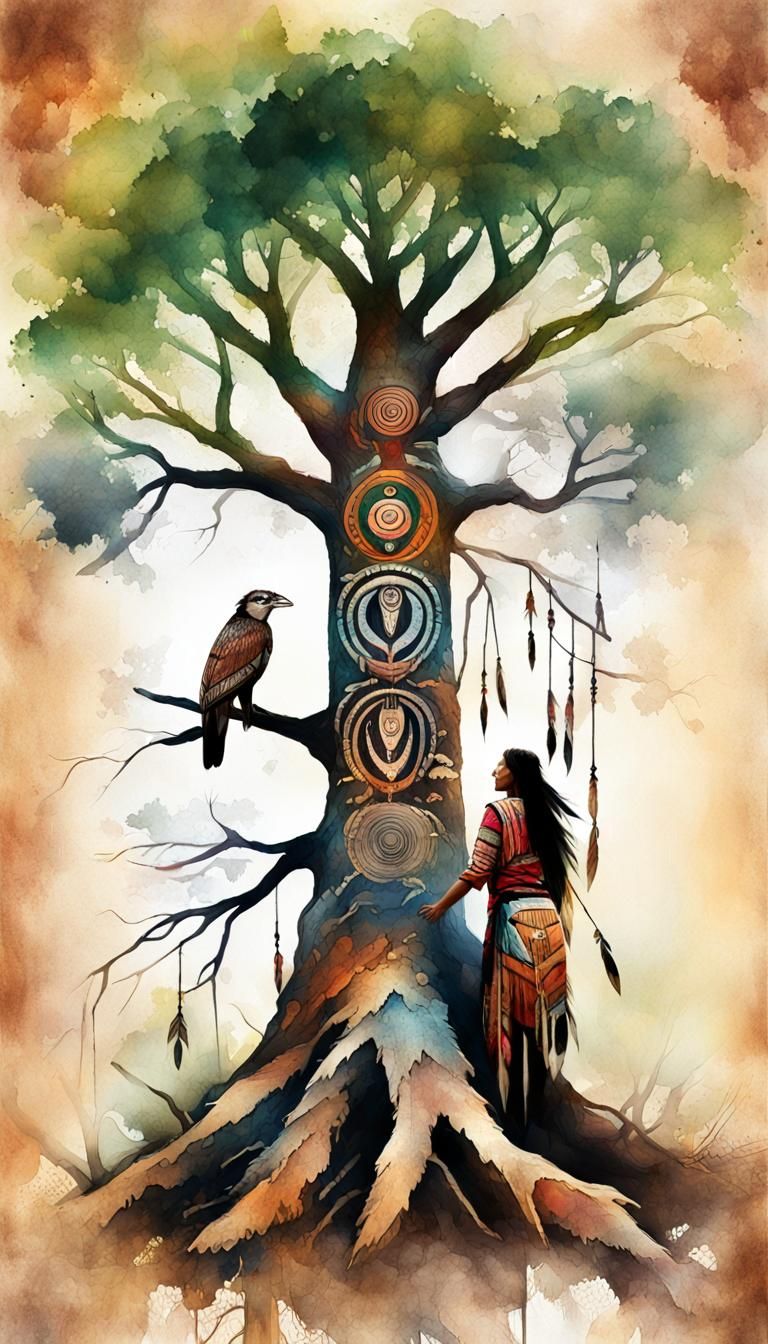 American Indian Totem Family Tree Watercolor Art