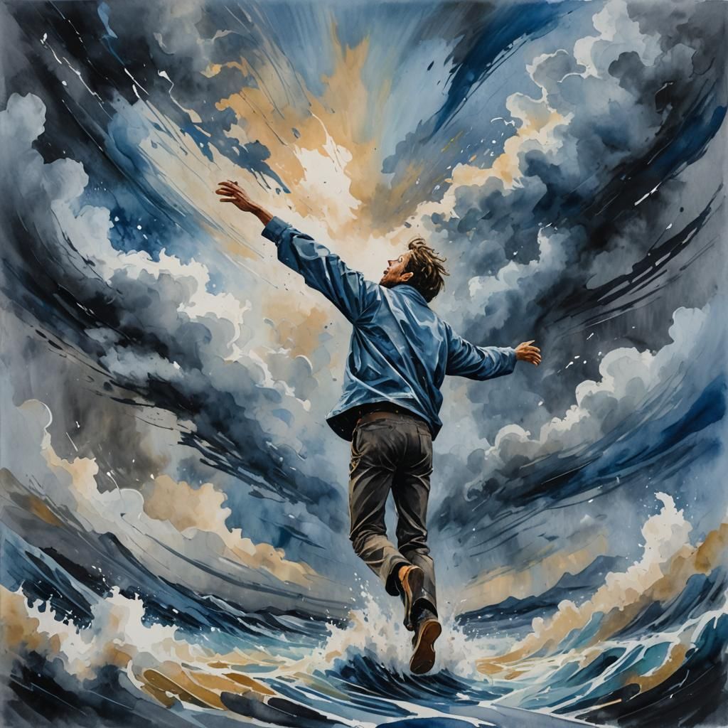 Soaring Figure in Stormy Sky, Gouache Watercolor Painting