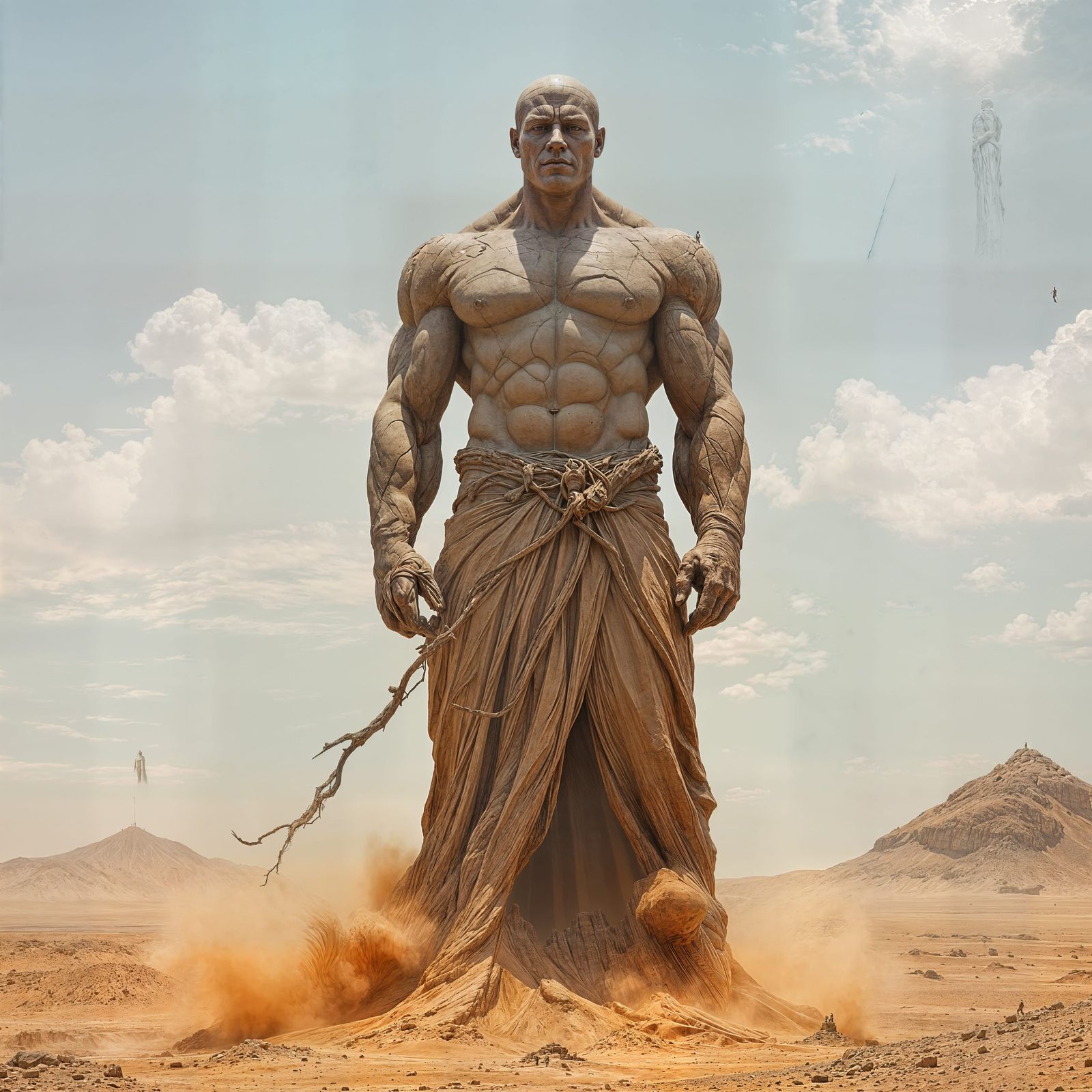 Colossal Stone Bodybuilder Statue in Wasteland