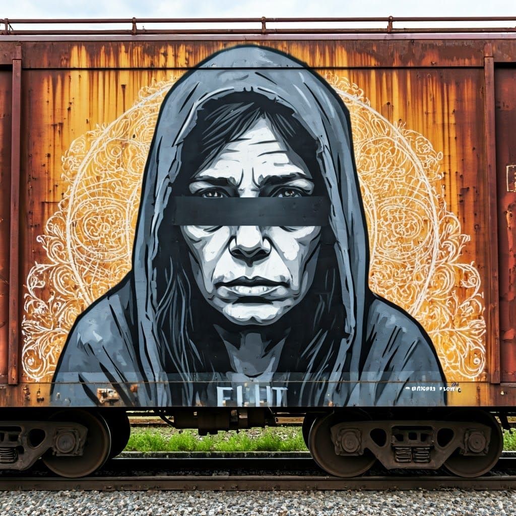Powerful Street Art Stencil on Rusted Train Car