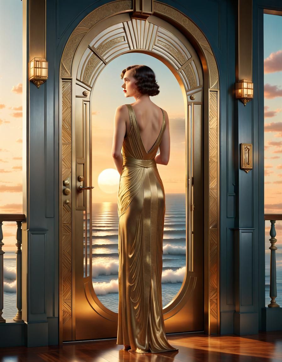 Art Deco Woman Overlooking Ocean at Golden Hour