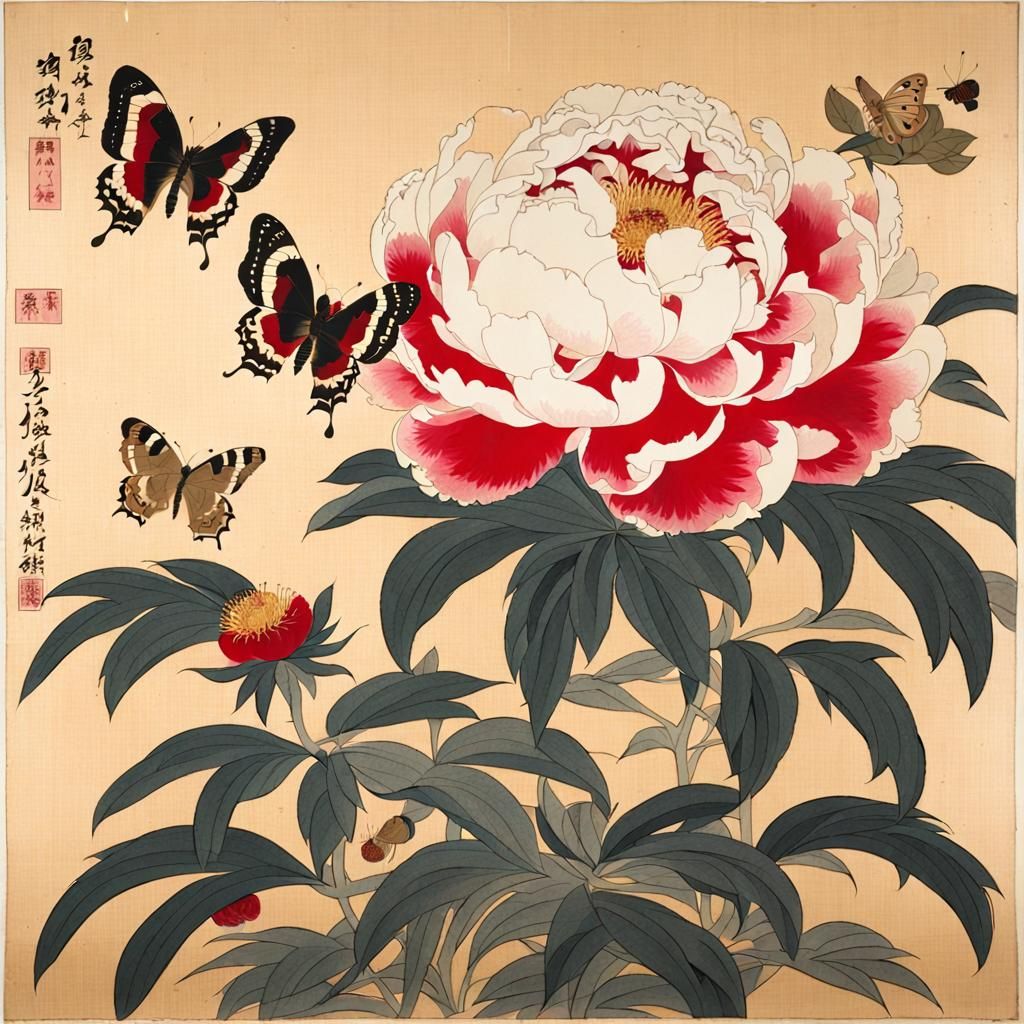 Peonies and Butterflies in Jakuchu Style