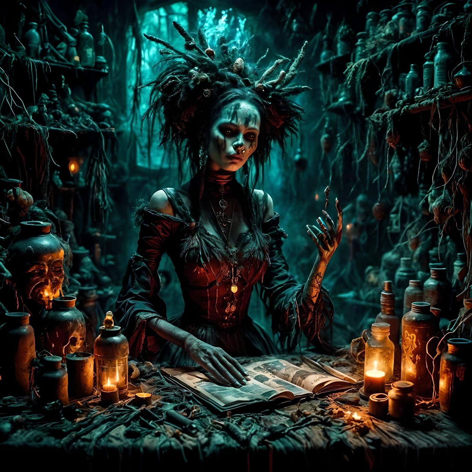 Voodoo Witch in Bioluminescent Mixed-Media Photography