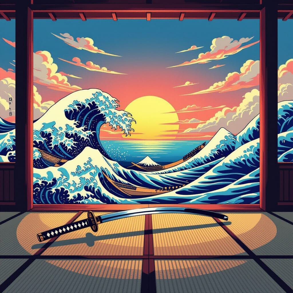 Samurai Sword on Tatami Mats in Manga Style